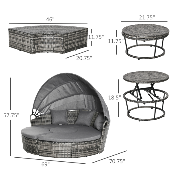 4-Piece Outdoor Rattan Daybed Set with Retractable Canopy – Multi Gray