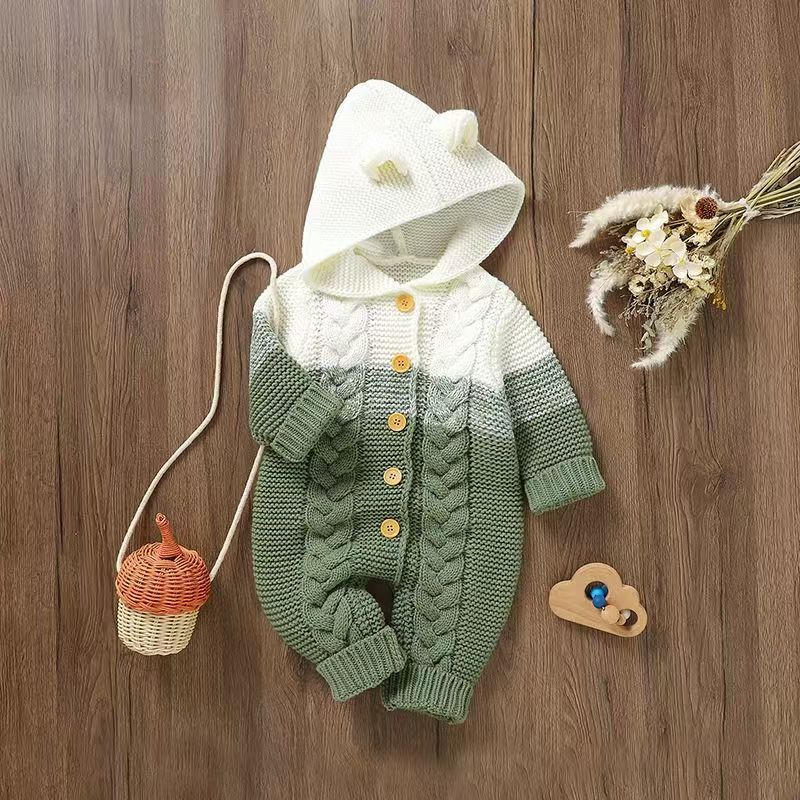 Knitted Baby Hooded Jumpsuit – Warm Acrylic One-Piece Romper
