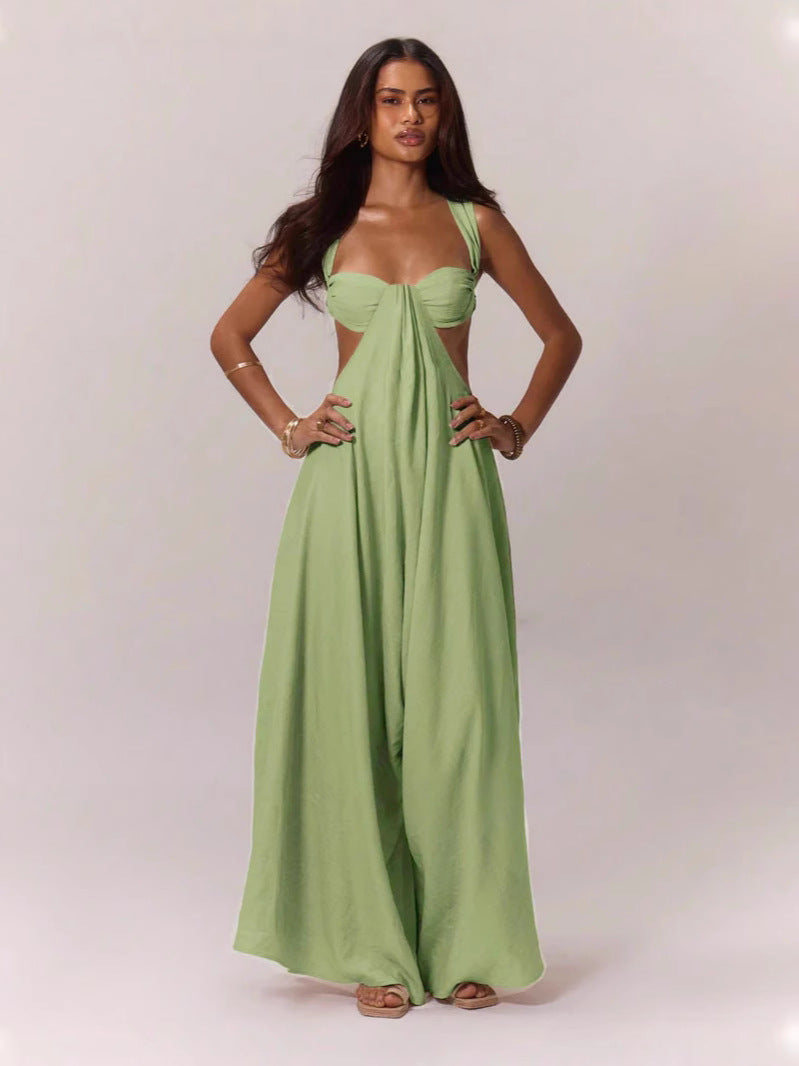 High-Waist Lace-Up Jumpsuit – Ice Silk Sleeveless Wide-Leg Romper