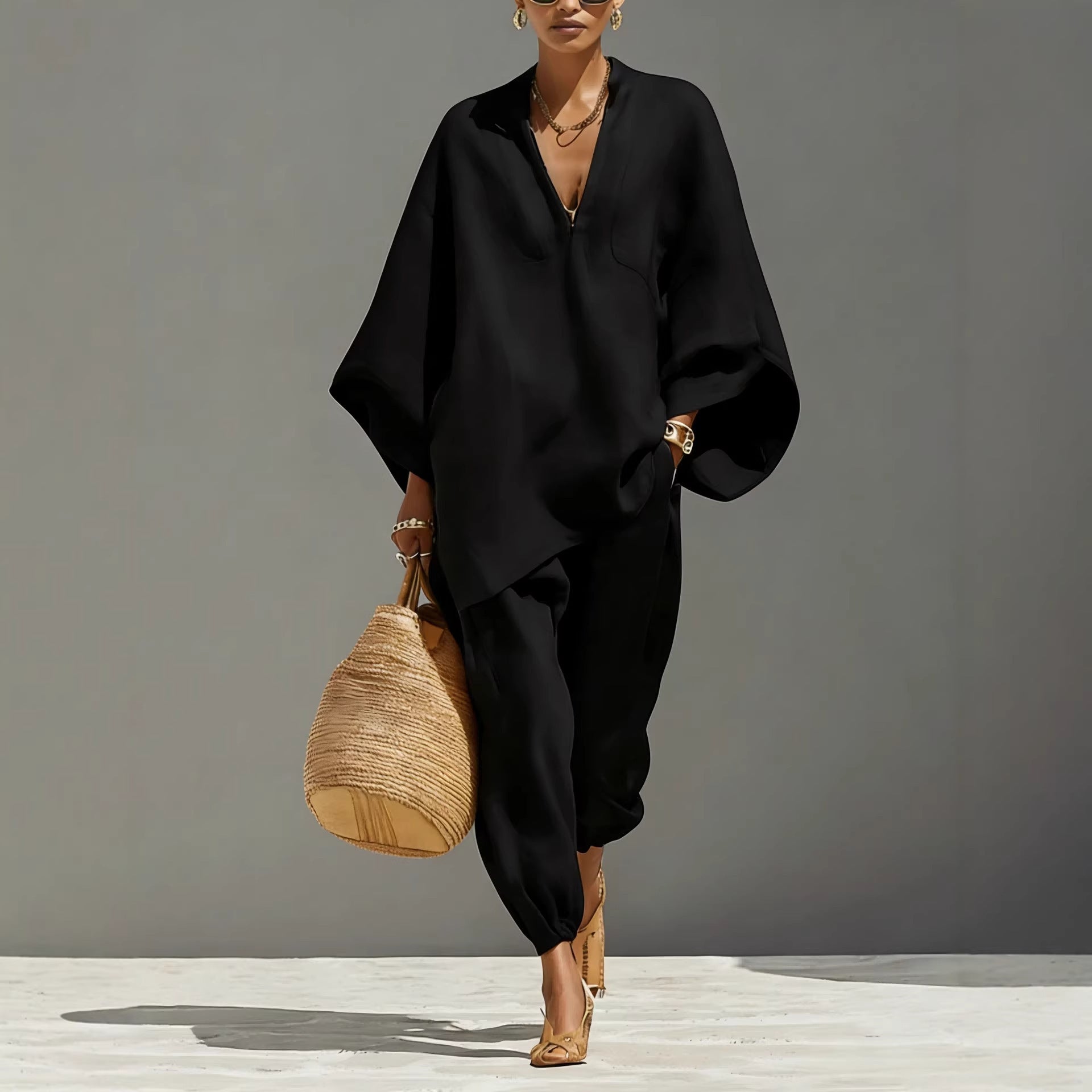 Women’s Batwing Sleeve Lounge Set – Loose Fit V-Neck Two-Piece Outfit