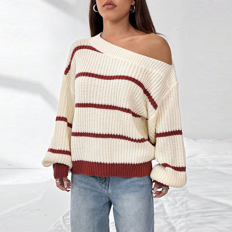 Off-Shoulder Striped Sweater – Lantern Sleeve Loose Knit Pullover