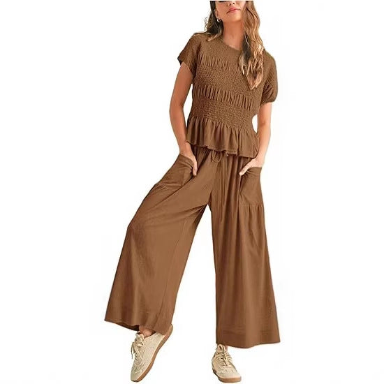 Women’s Two-Piece Lounge Set – Short Sleeve Top & Wide-Leg Pants Outfit