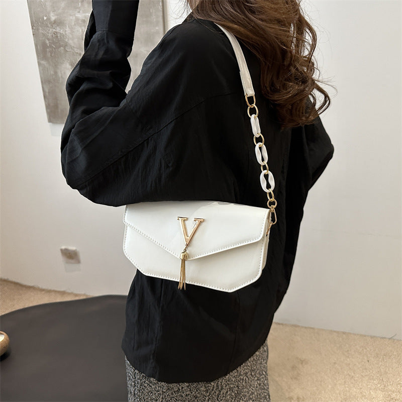 Trendy Square Crossbody Bag – Letter Accent Structured Handbag