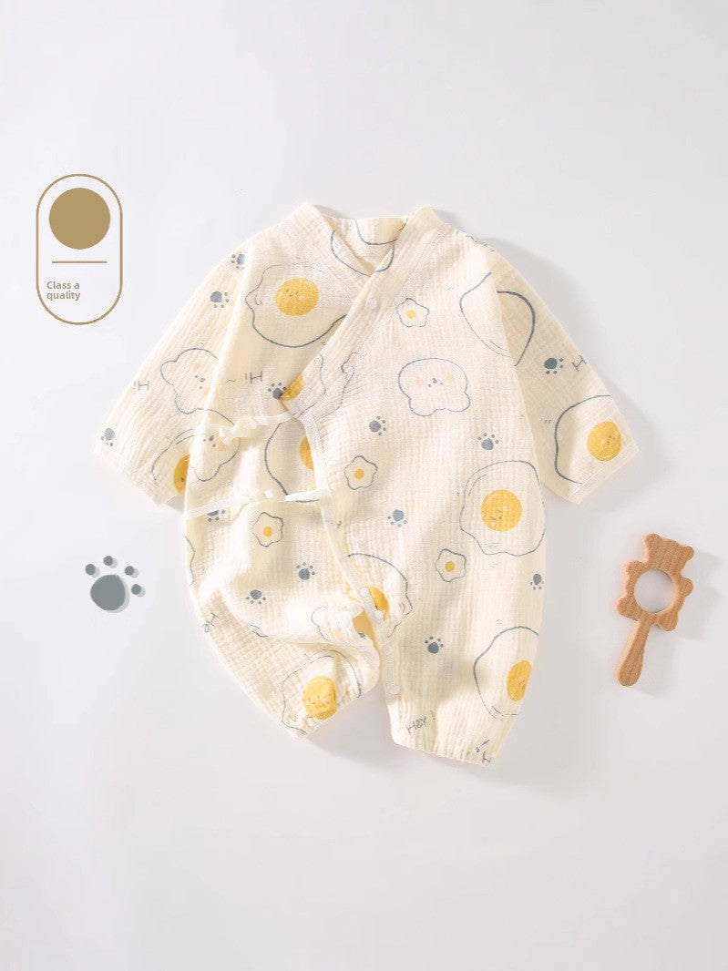 100% Cotton Baby Romper – Long Sleeve Gauze Slanted Tie Jumpsuit (Four-Season Wear)