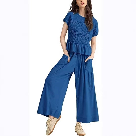 Women’s Two-Piece Lounge Set – Short Sleeve Top & Wide-Leg Pants Outfit