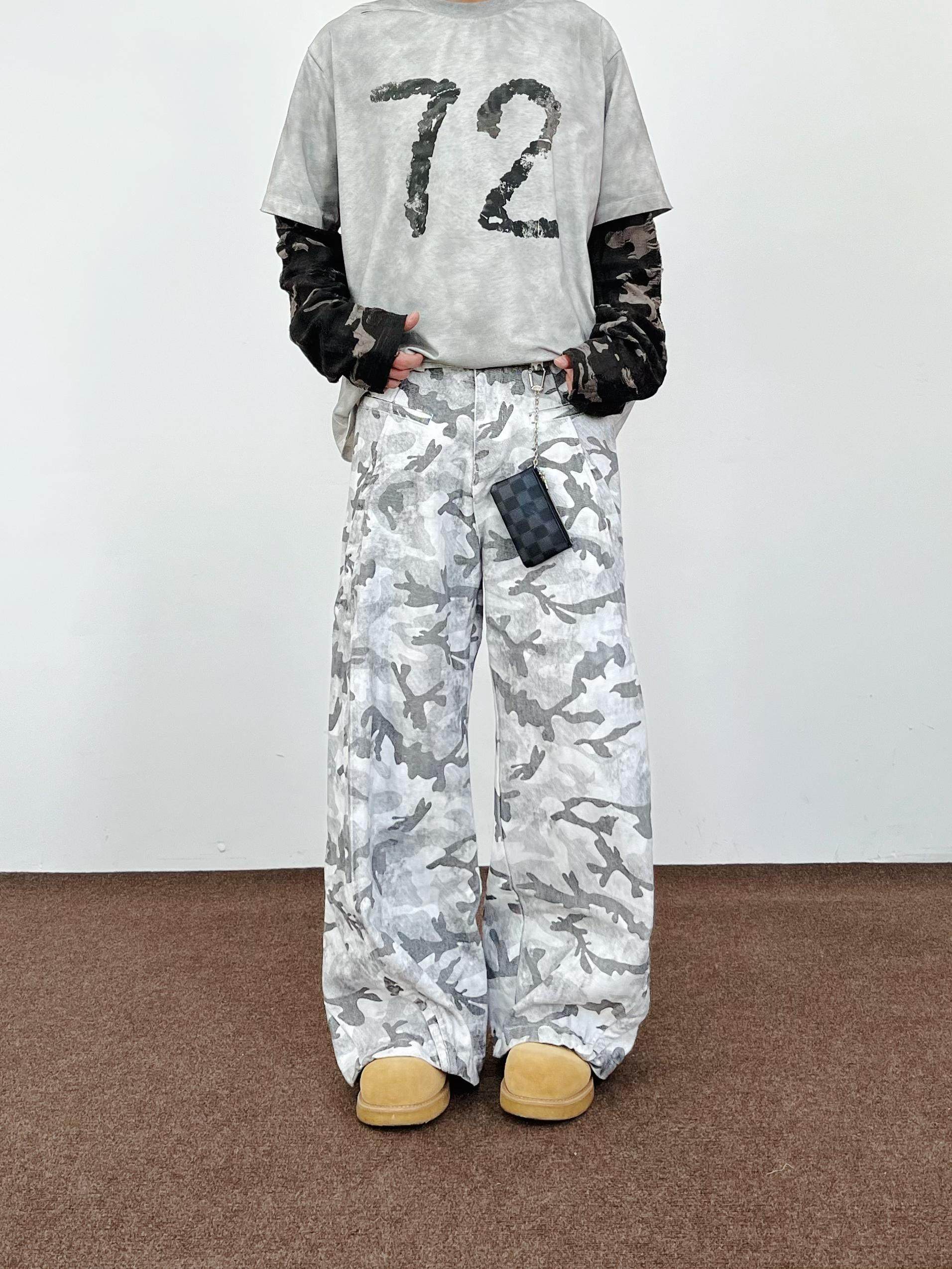 Gray Camouflage Cargo Pants – Loose Straight-Leg Cotton Trousers