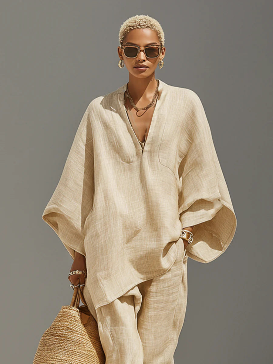 Women’s Batwing Sleeve Lounge Set – Loose Fit V-Neck Two-Piece Outfit