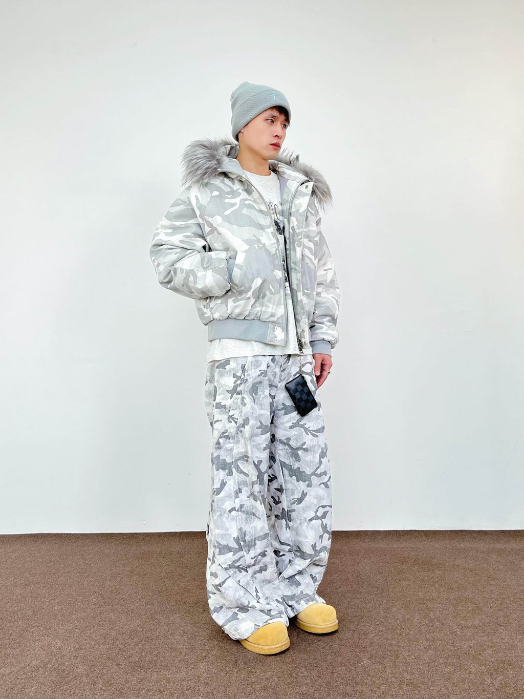 Gray Camouflage Cargo Pants – Loose Straight-Leg Cotton Trousers