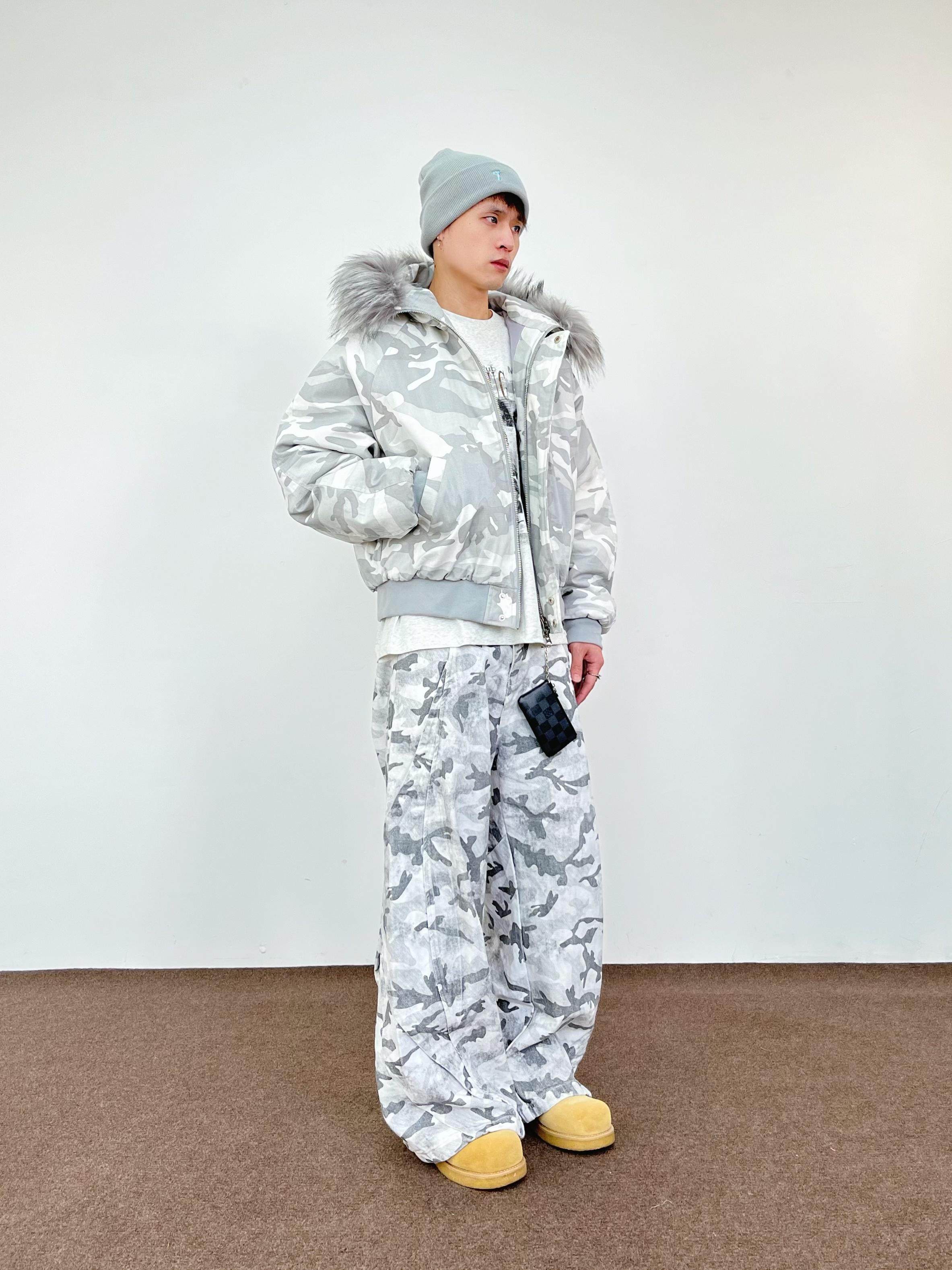 Gray Camouflage Cargo Pants – Loose Straight-Leg Cotton Trousers