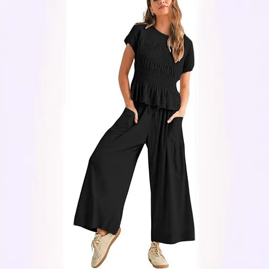 Women’s Two-Piece Lounge Set – Short Sleeve Top & Wide-Leg Pants Outfit