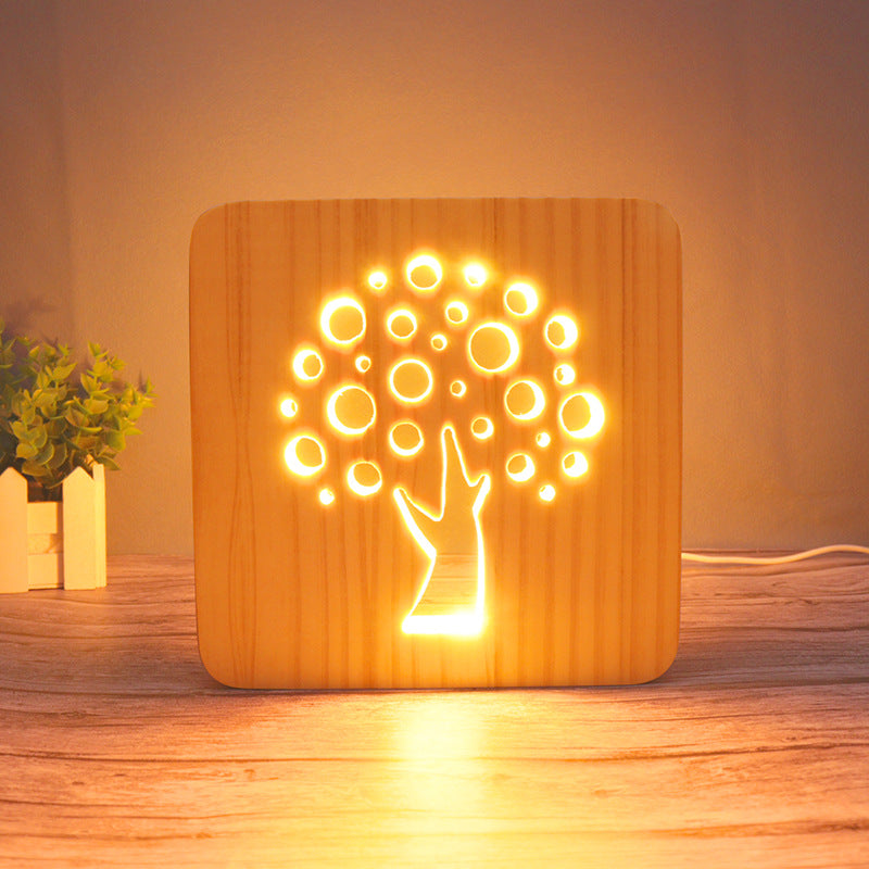 3D Wooden Projection Night Light – LED Carved Ambient Table Lamp