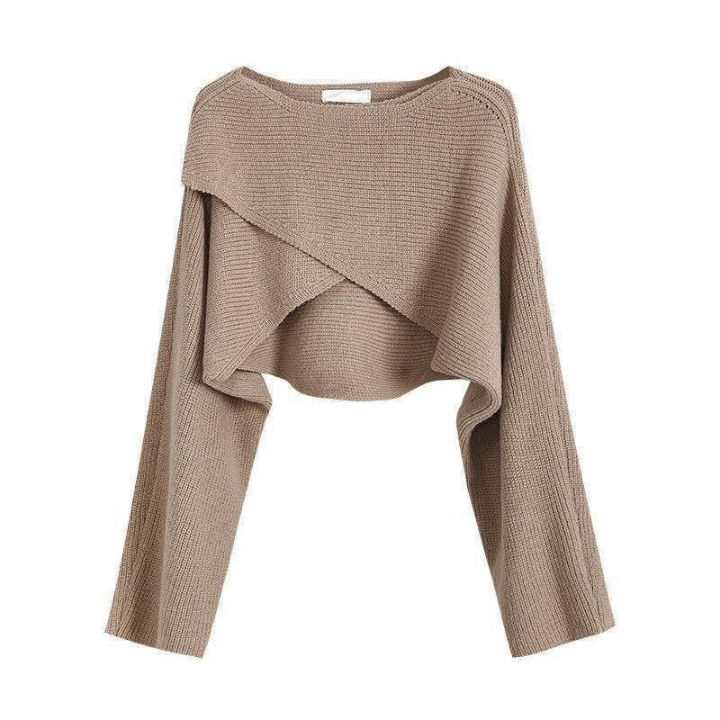 Women’s Cropped Batwing Knit Sweater – Asymmetrical Round Neck Fashion Pullover