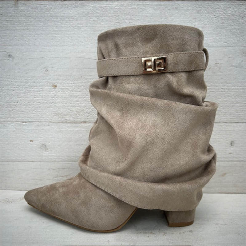 Pointed Toe Knee-High Boots – Thick Heel Pleated Side-Zip Fashion Boots