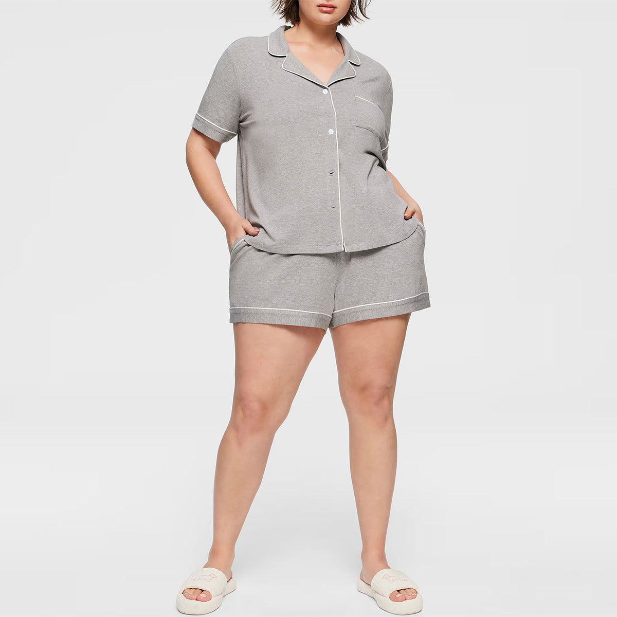 Cloud-Soft Plus Size Pajama Set – Breathable Lapel Lounge Shorts Set