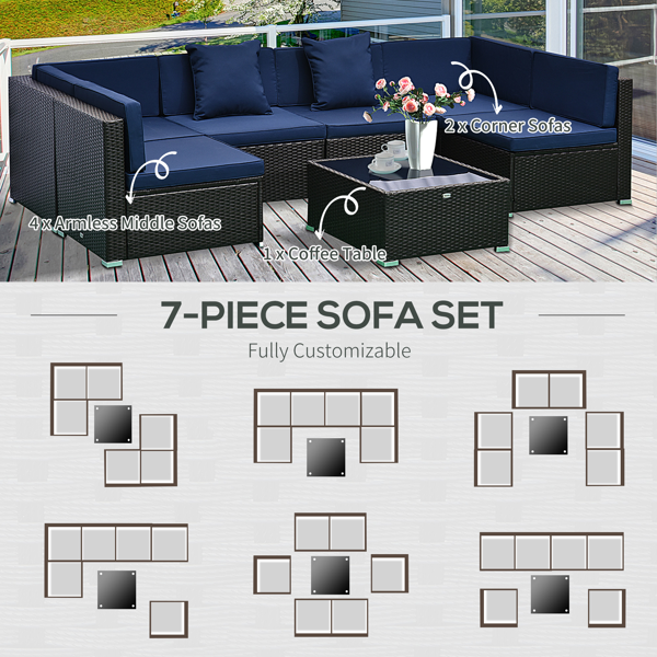 6-Piece Outdoor Sectional Sofa Set – Dark Brown Rattan with Dark Blue Cushions