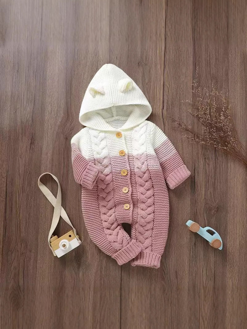Knitted Baby Hooded Jumpsuit – Warm Acrylic One-Piece Romper