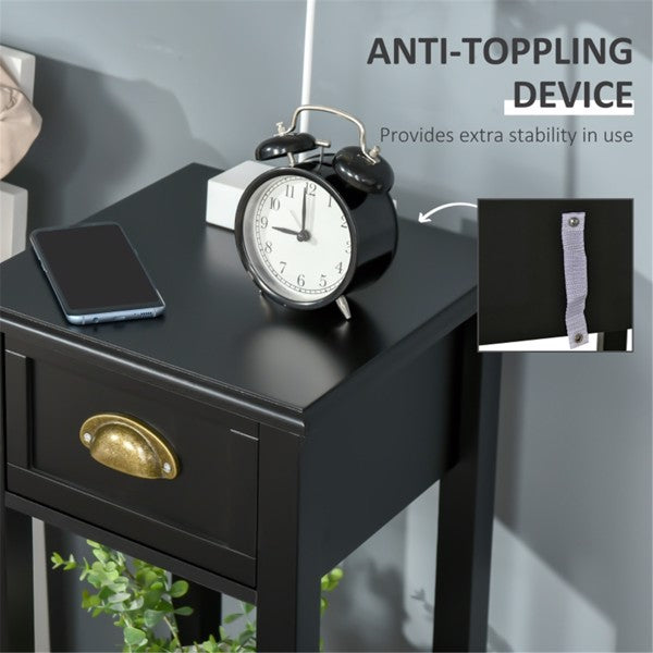 Black Slim Side Table – Compact Nightstand with Drawer & Open Shelf