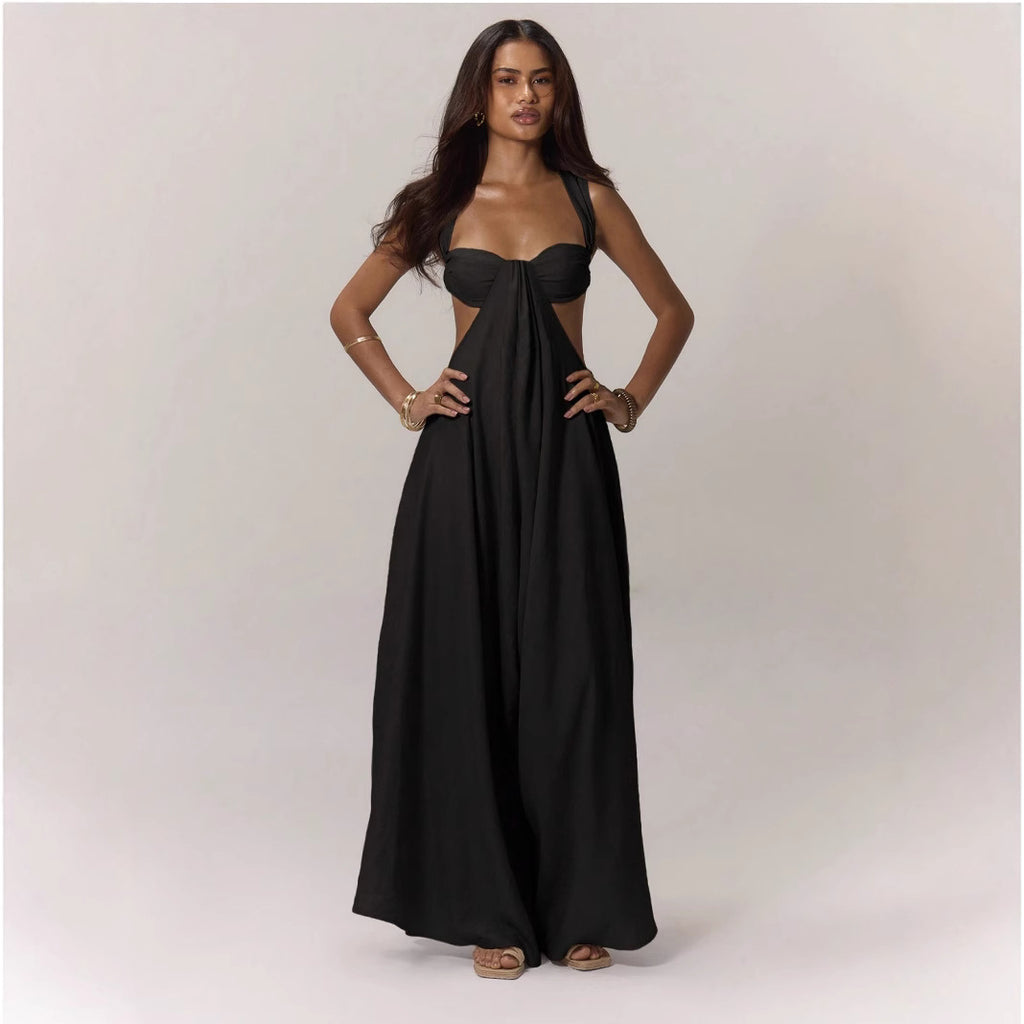 High-Waist Lace-Up Jumpsuit – Ice Silk Sleeveless Wide-Leg Romper