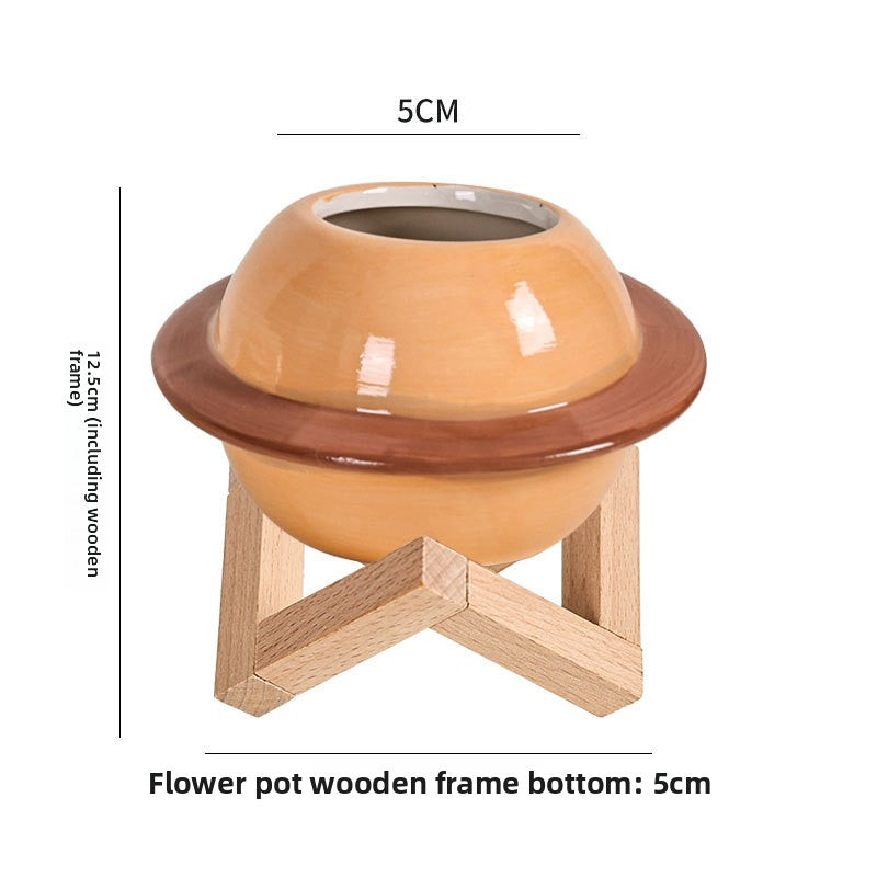 Nordic Planet Ceramic Flower Pot – Creative Self-Watering Planter with Wooden Stand