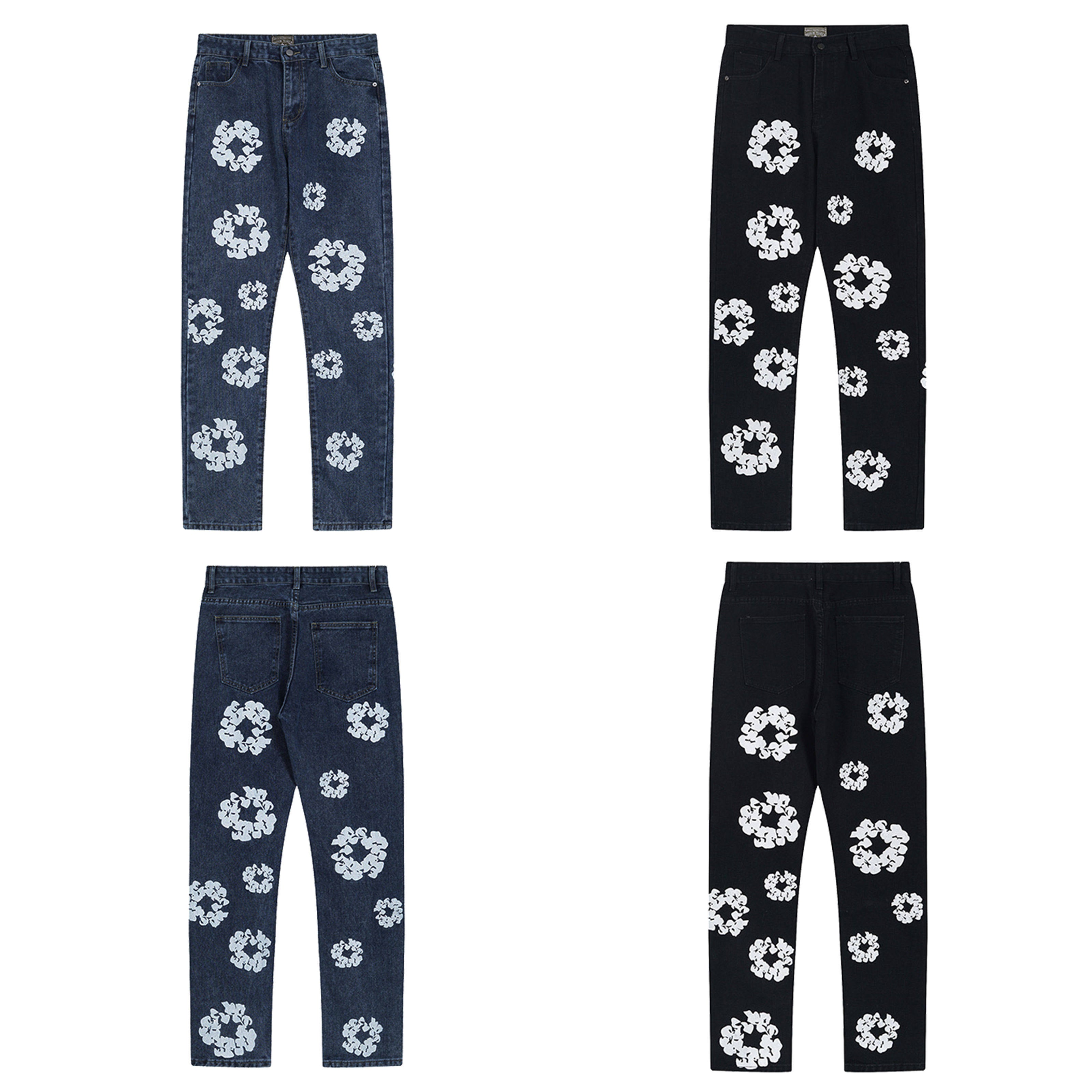 American Trendy Embossed Denim Jeans – Unisex Straight-Leg Floral Design Pants