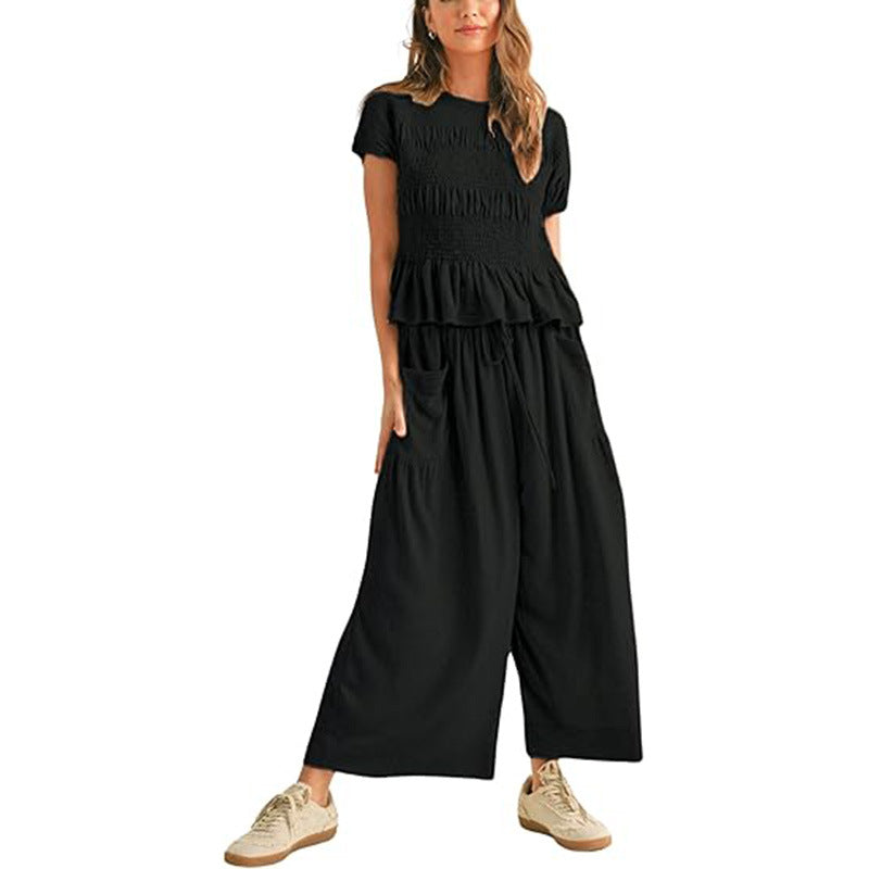 Women’s Two-Piece Lounge Set – Short Sleeve Top & Wide-Leg Pants Outfit