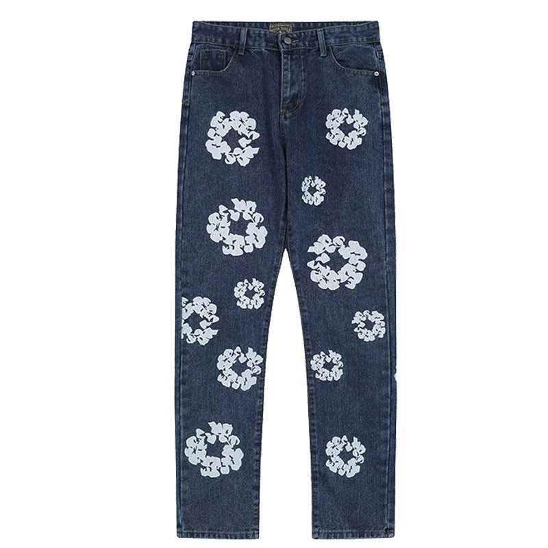 American Trendy Embossed Denim Jeans – Unisex Straight-Leg Floral Design Pants
