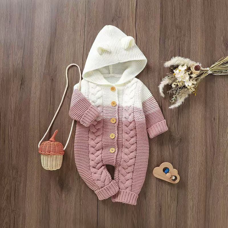 Knitted Baby Hooded Jumpsuit – Warm Acrylic One-Piece Romper