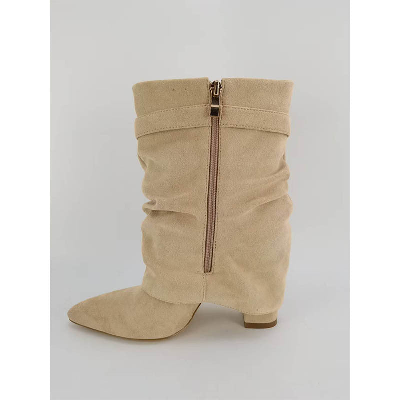 Pointed Toe Knee-High Boots – Thick Heel Pleated Side-Zip Fashion Boots
