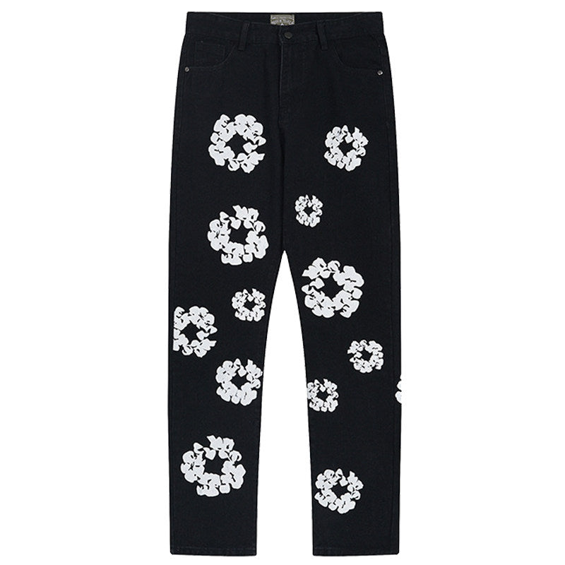 American Trendy Embossed Denim Jeans – Unisex Straight-Leg Floral Design Pants