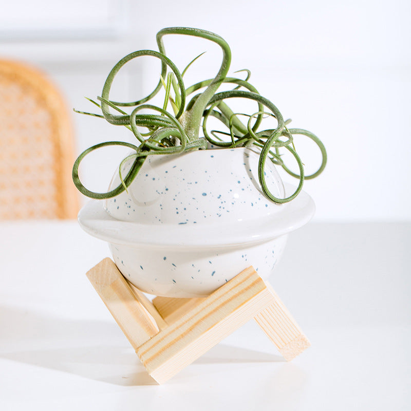 Nordic Planet Ceramic Flower Pot – Creative Self-Watering Planter with Wooden Stand