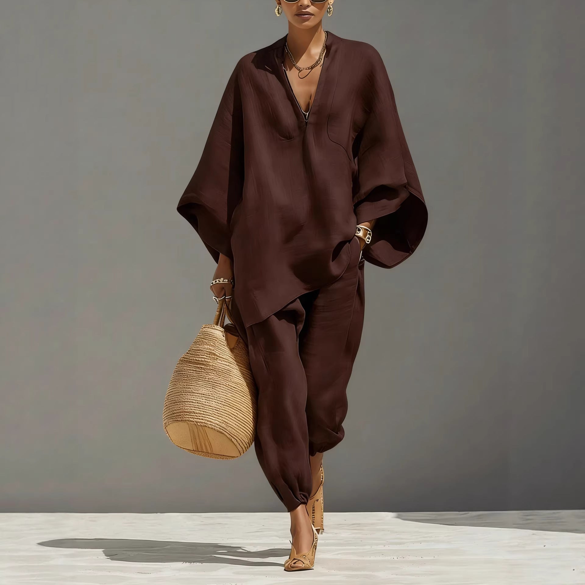Women’s Batwing Sleeve Lounge Set – Loose Fit V-Neck Two-Piece Outfit