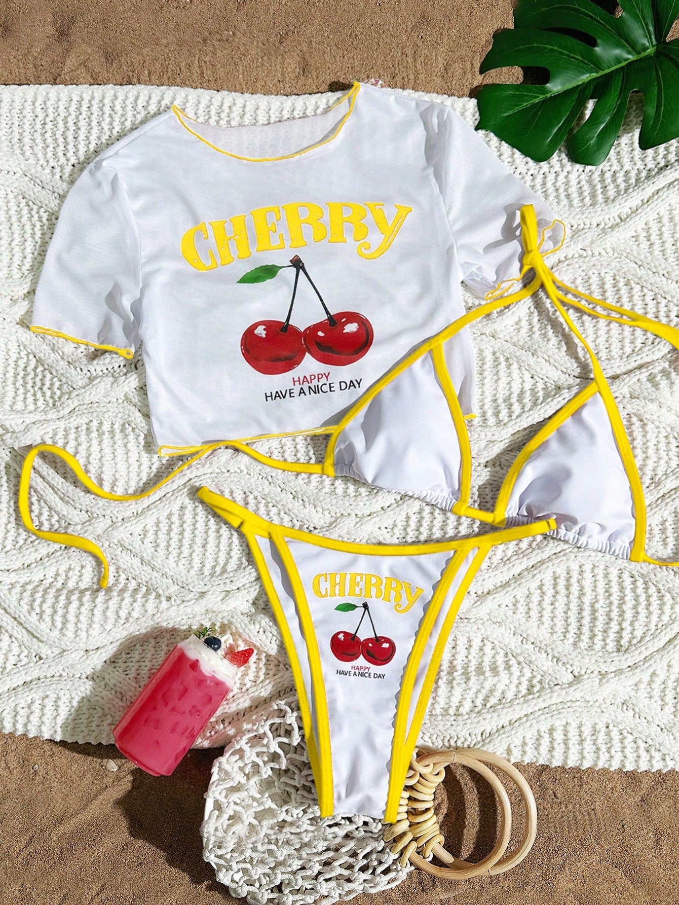 Women’s Three-Piece Bikini Set – Color Block Swimwear with Cover-Up