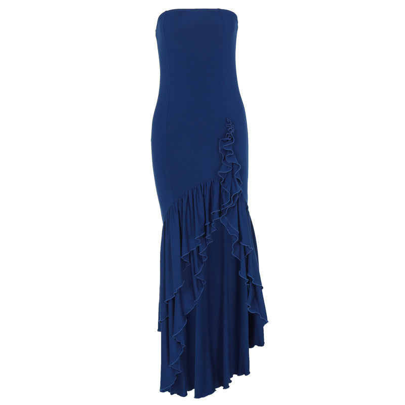 Women’s Off-Shoulder Maxi Dress – Asymmetrical High Waist Lotus Hem Dress