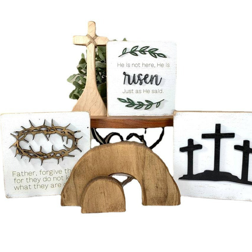 Easter Religious Wooden Decor Set – Pine Wood Cross, Church & Angel Tray Display