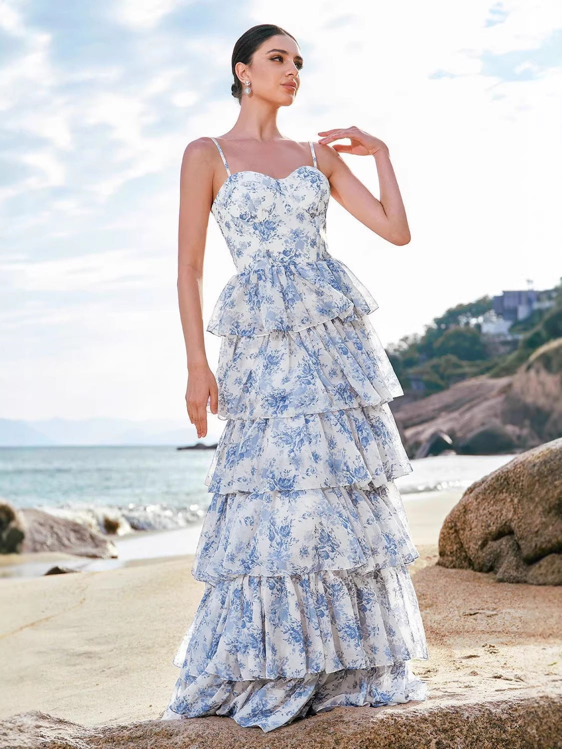 Women’s Floral Chiffon Dress – Halter Neck Tie Waist Elegant Dress