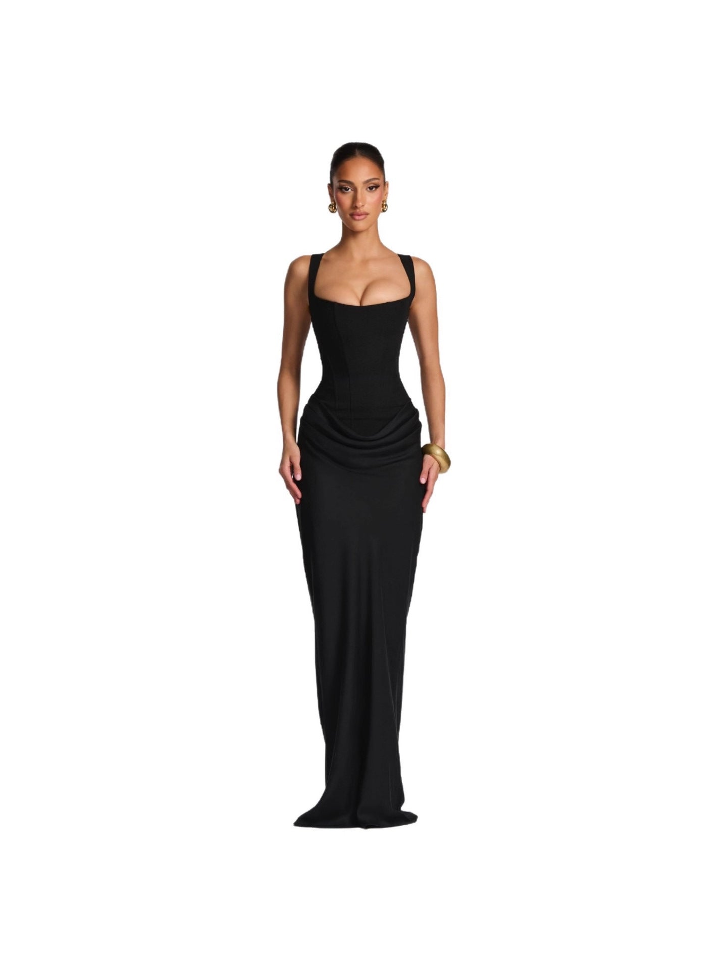 Slim Fit Fishbone Strap Bodycon Maxi Dress – High Waist Sleeveless Gown