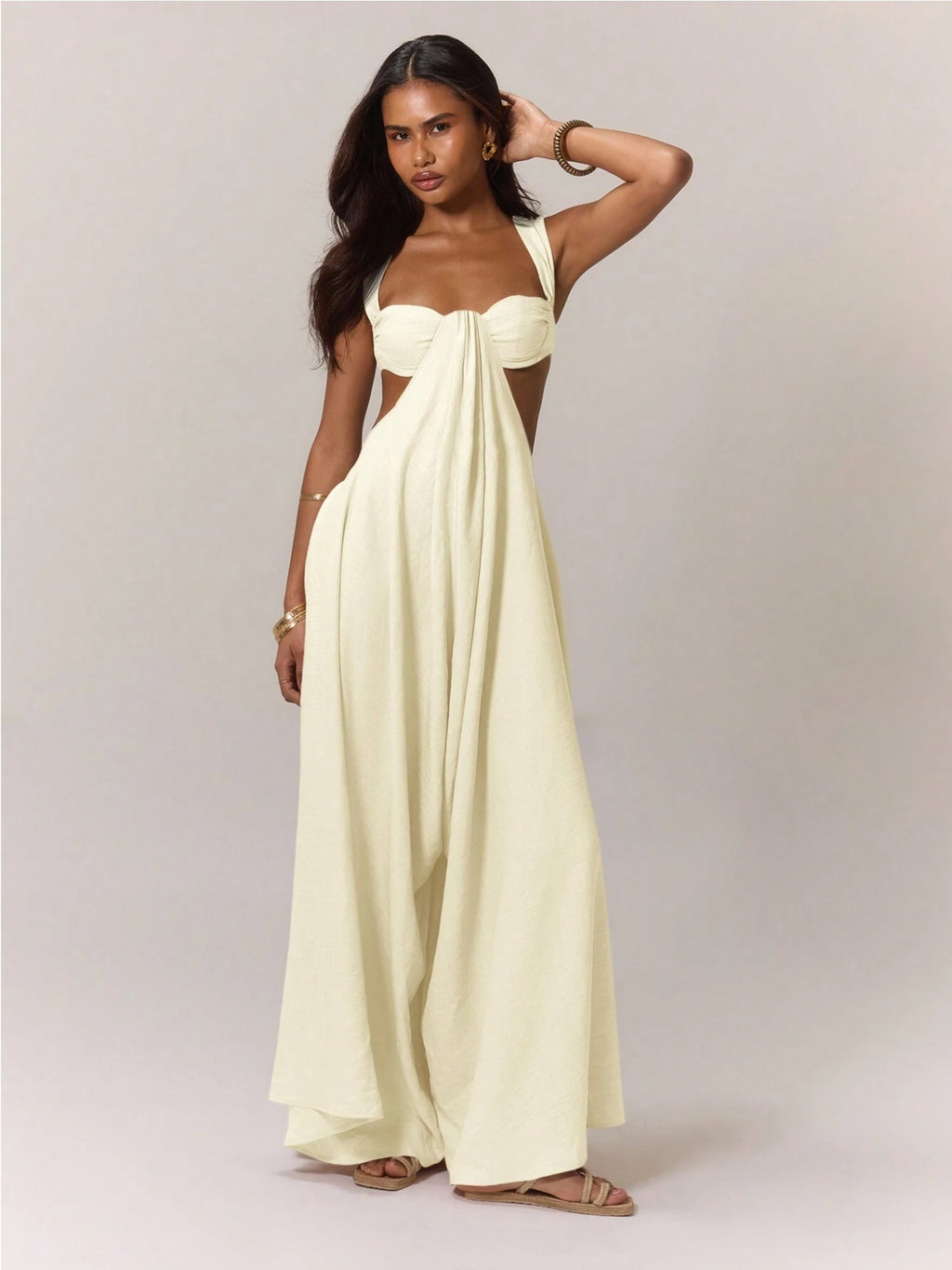 High-Waist Lace-Up Jumpsuit – Ice Silk Sleeveless Wide-Leg Romper