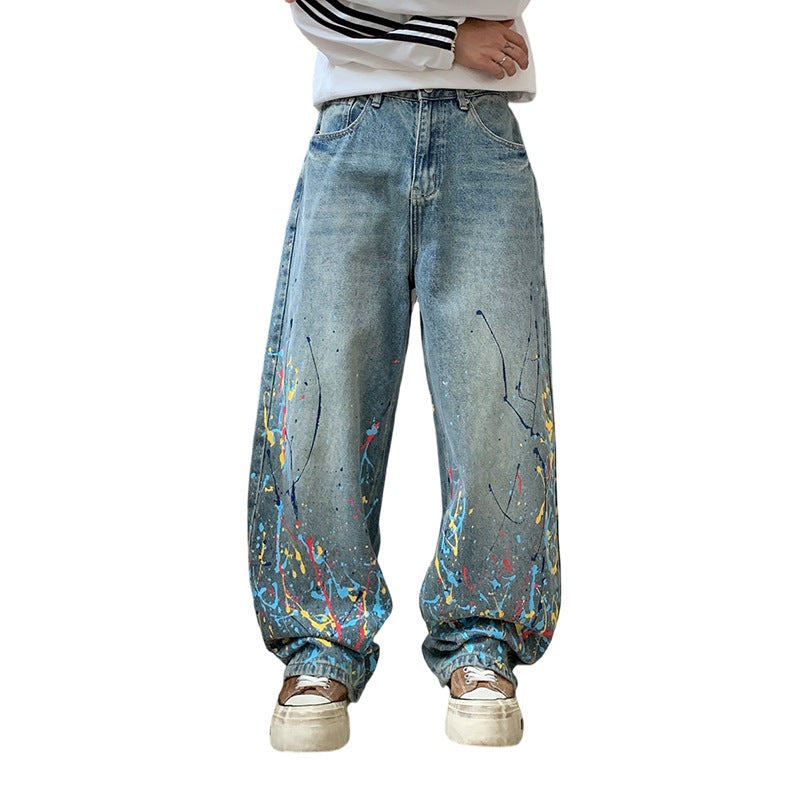 Vintage Distressed Wide-Leg Stretch Denim Jeans – Retro Straight-Cut Streetwear Pants