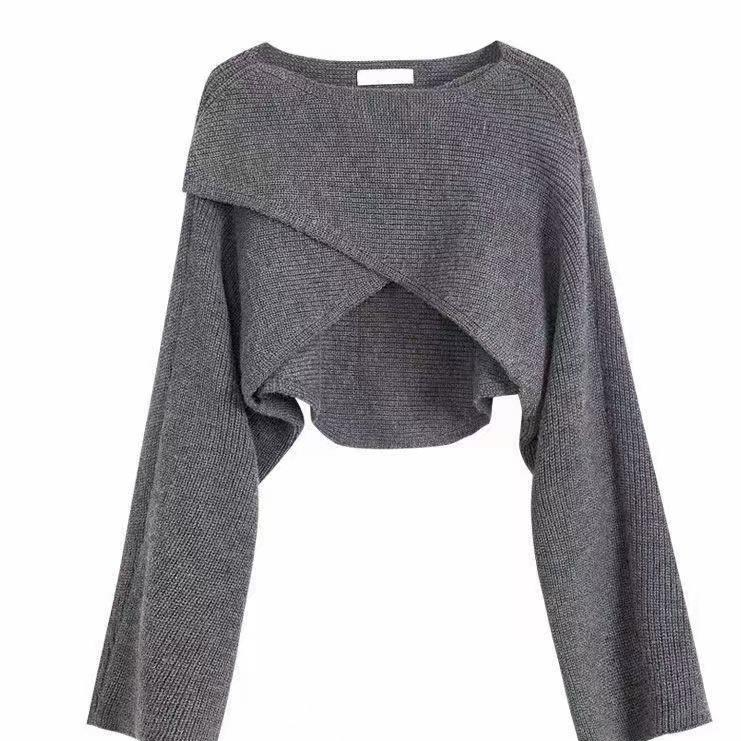 Women’s Cropped Batwing Knit Sweater – Asymmetrical Round Neck Fashion Pullover