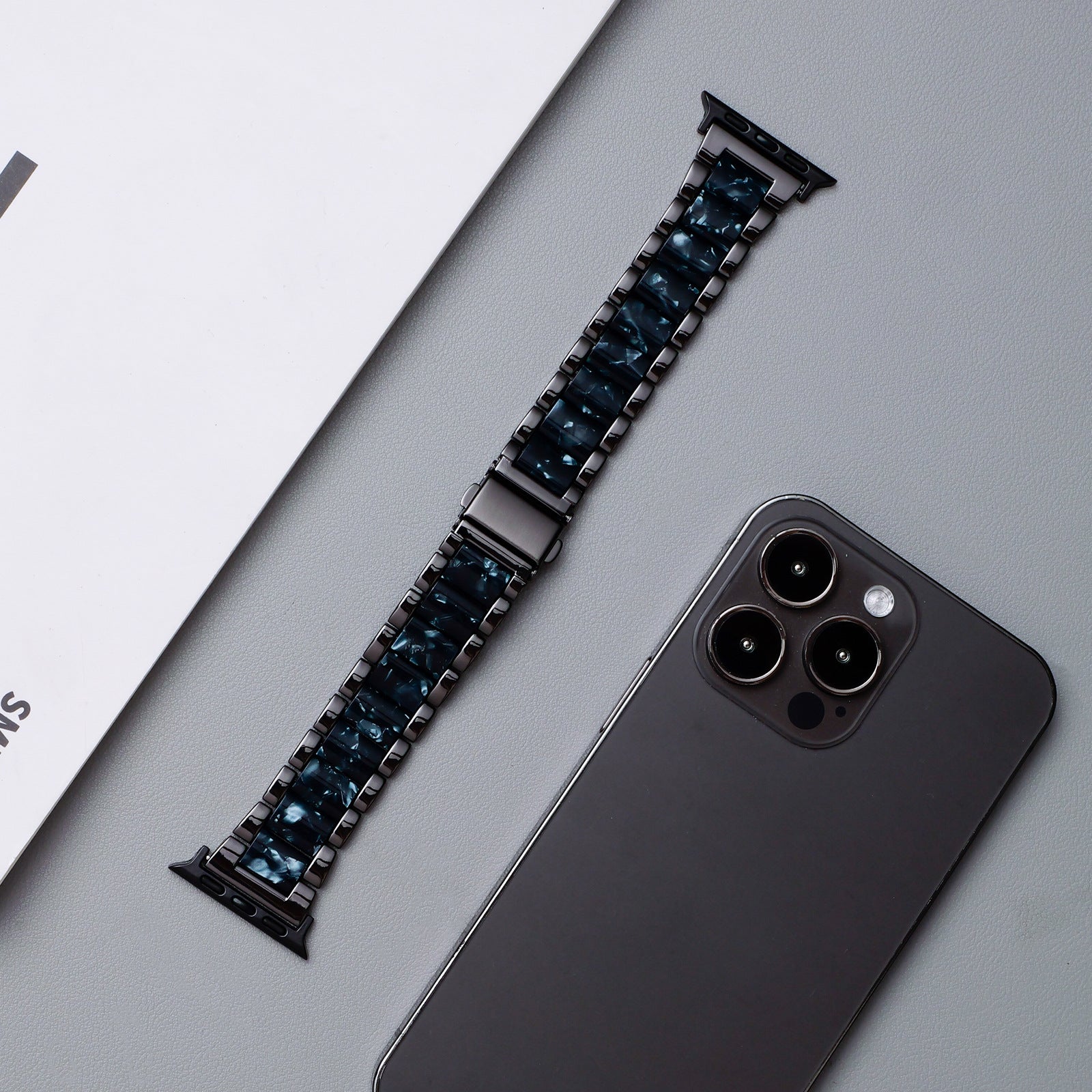 Metal Rainbow Resin Apple Watch Strap – Three-Bead Folding Buckle Replacement Band