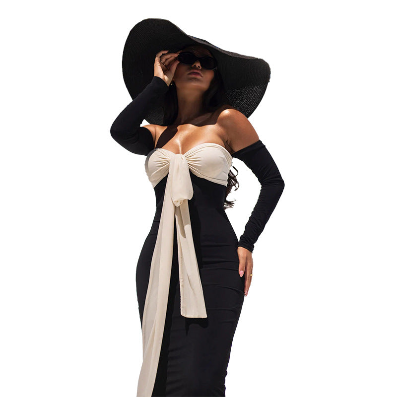 Color Block Off-Shoulder Bodycon Maxi Dress