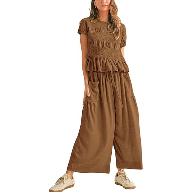 Women’s Two-Piece Lounge Set – Short Sleeve Top & Wide-Leg Pants Outfit