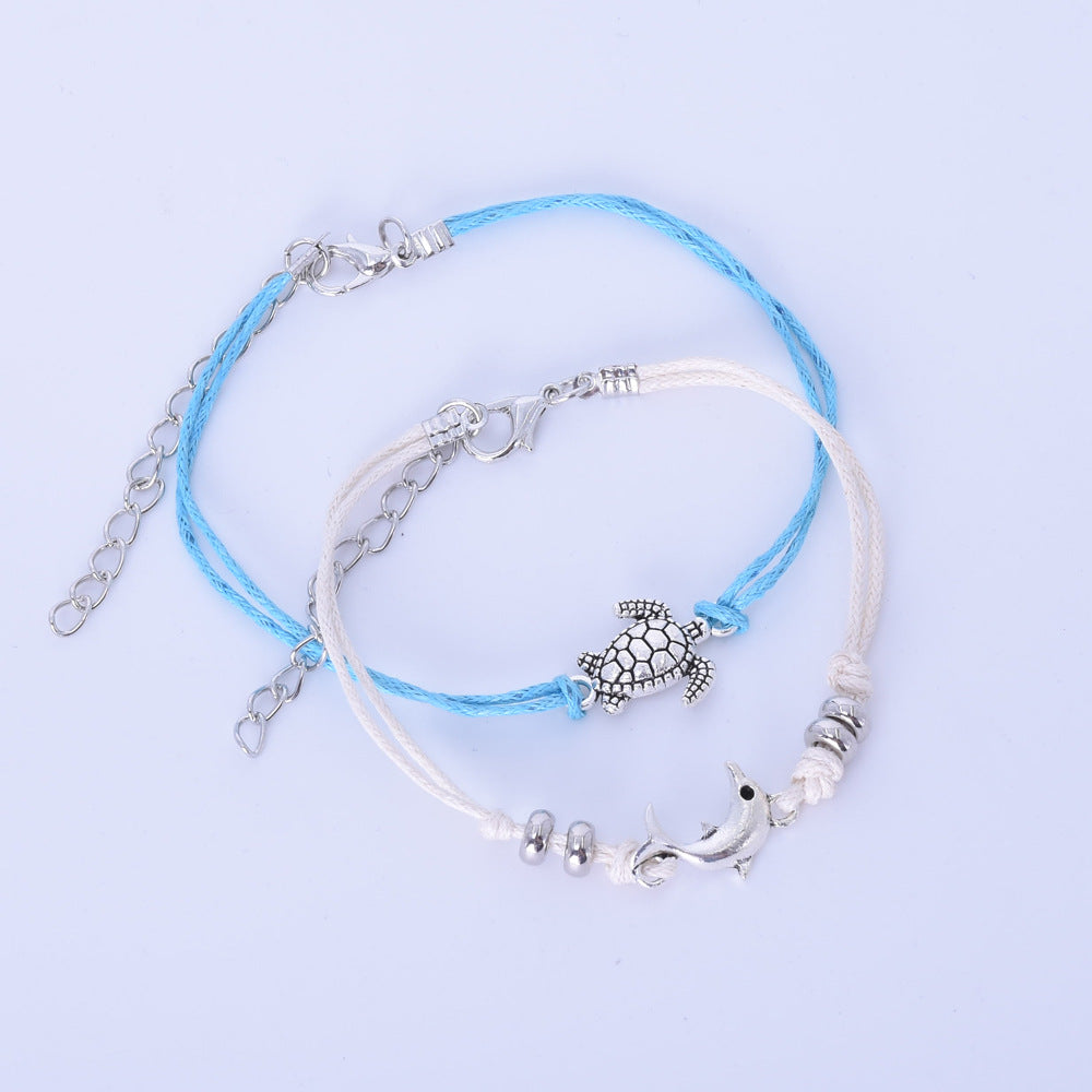 Bohemian Multi-Layer Turtle & Dolphin Anklet Set – Retro Beach Jewelry