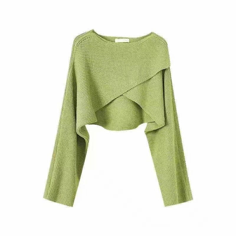 Women’s Cropped Batwing Knit Sweater – Asymmetrical Round Neck Fashion Pullover