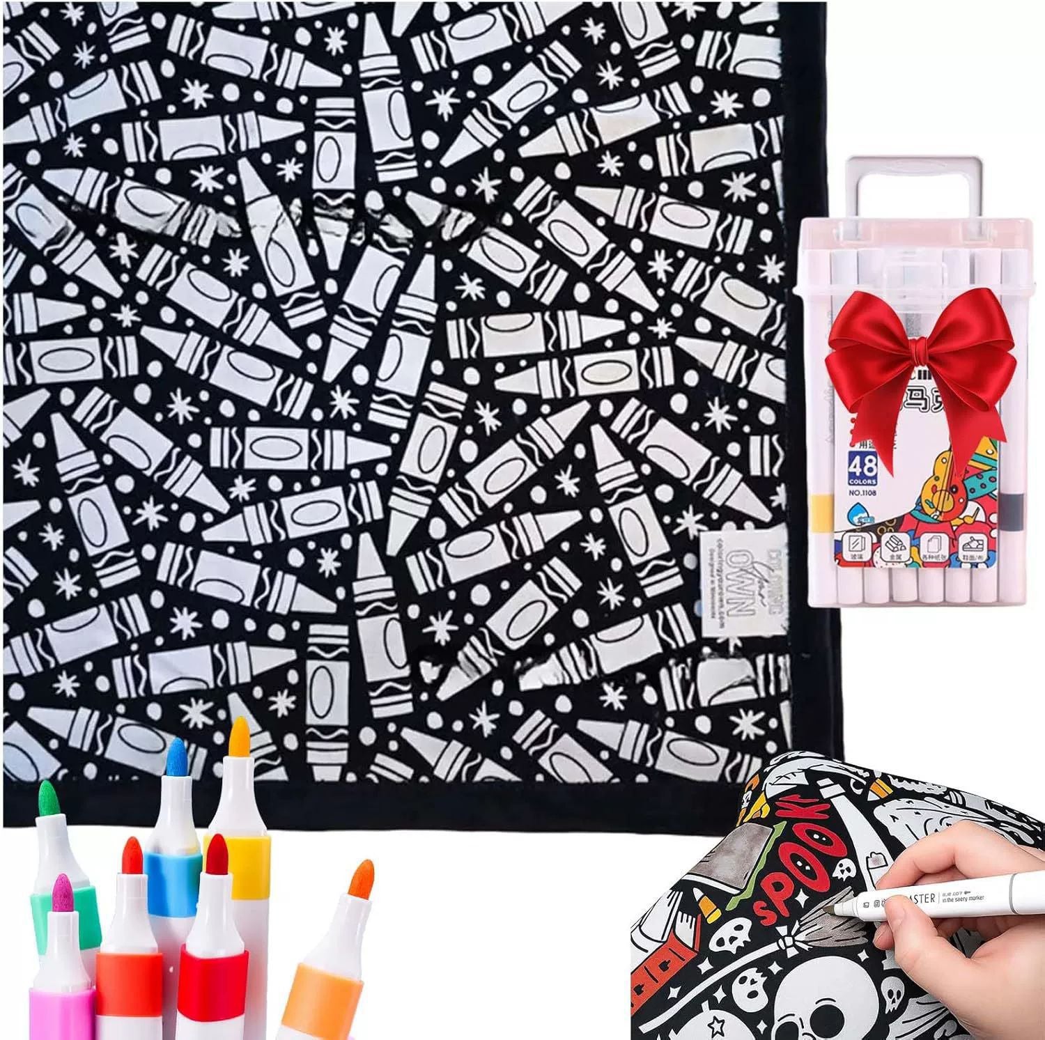 Kids DIY Coloring Blanket – Reusable Velvet Art Activity Blanket with Markers