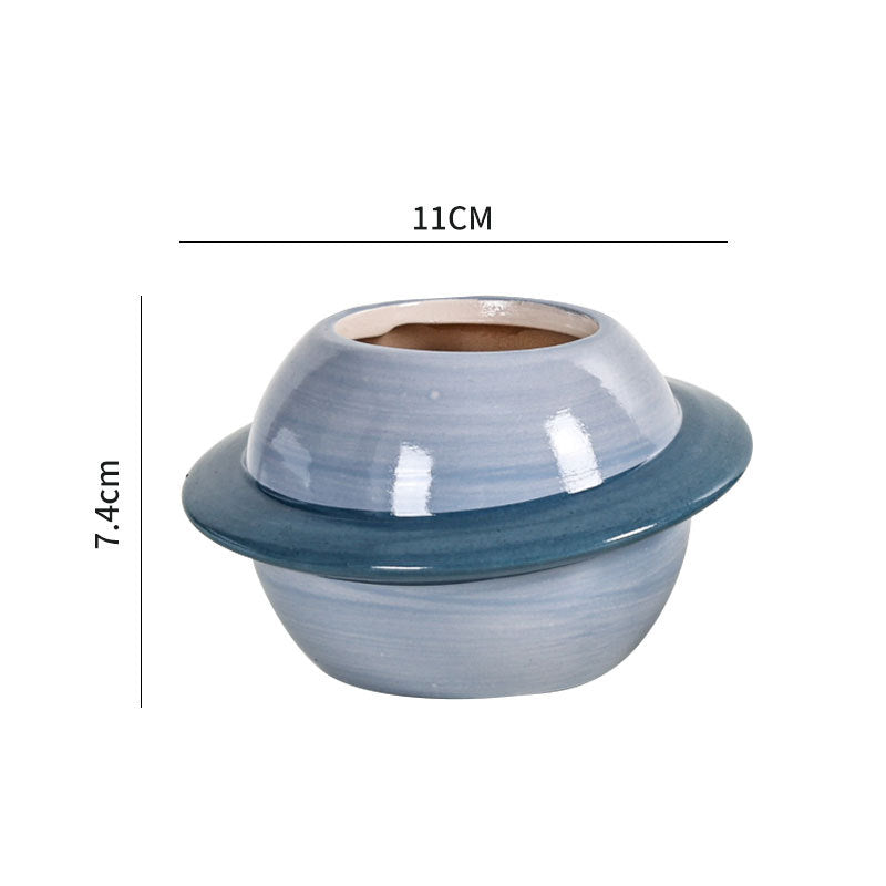 Nordic Planet Ceramic Flower Pot – Creative Self-Watering Planter with Wooden Stand