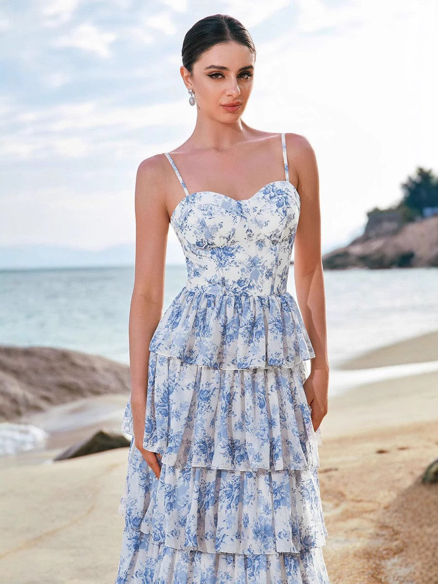 Women’s Floral Chiffon Dress – Halter Neck Tie Waist Elegant Dress