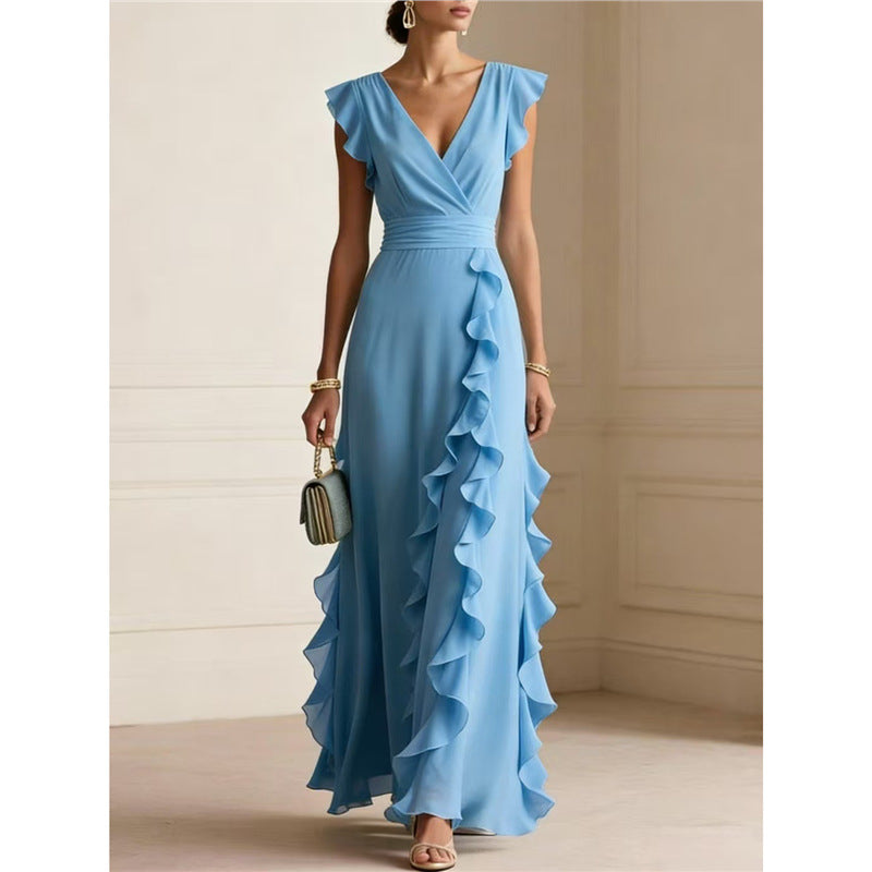 Women’s Sleeveless Maxi Dress – V-Neck High Waist Pleated Dress