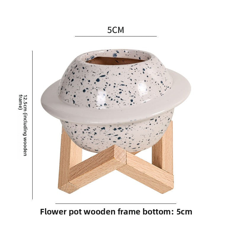Nordic Planet Ceramic Flower Pot – Creative Self-Watering Planter with Wooden Stand