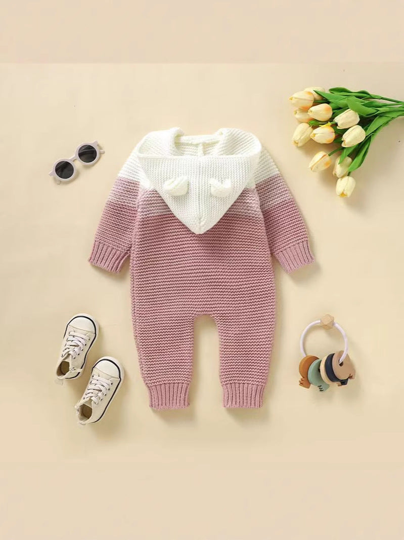 Knitted Baby Hooded Jumpsuit – Warm Acrylic One-Piece Romper